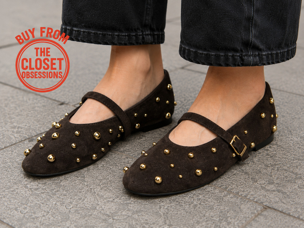 Zara NWT Brown Suede Studded Mary Jane Ballet Flats 7.5 8